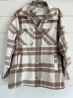 Ashley By 26 International Cream and Brown Plaid Shacket